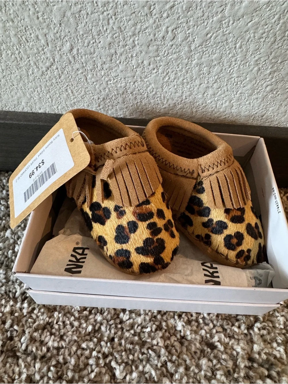 Infant Leopard Print Fringe Moccasin Slip-On Bootie